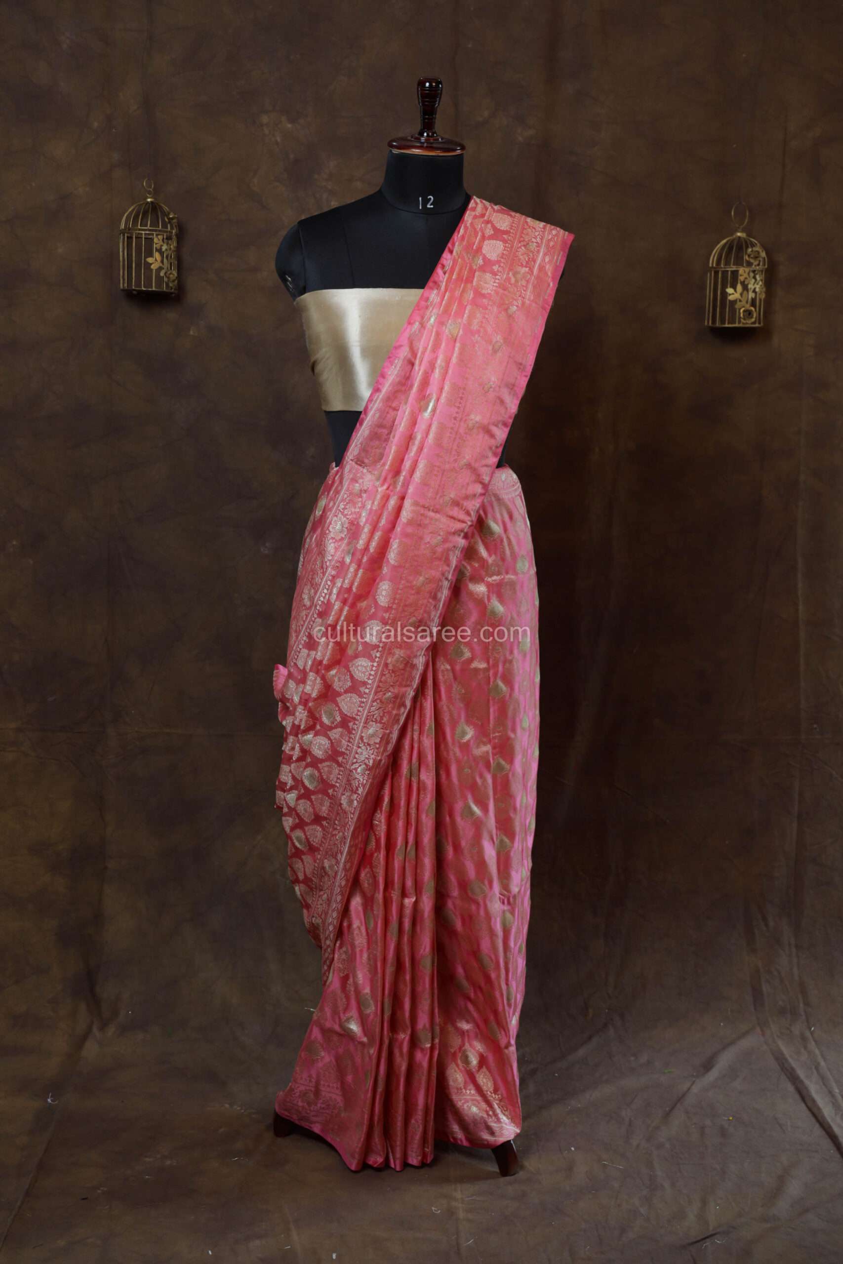 Flamingo pink silk saree