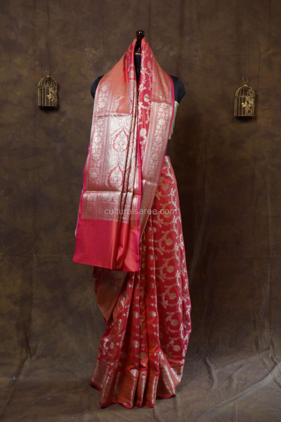 Flamingo Pink Banarasi silk paudi saree