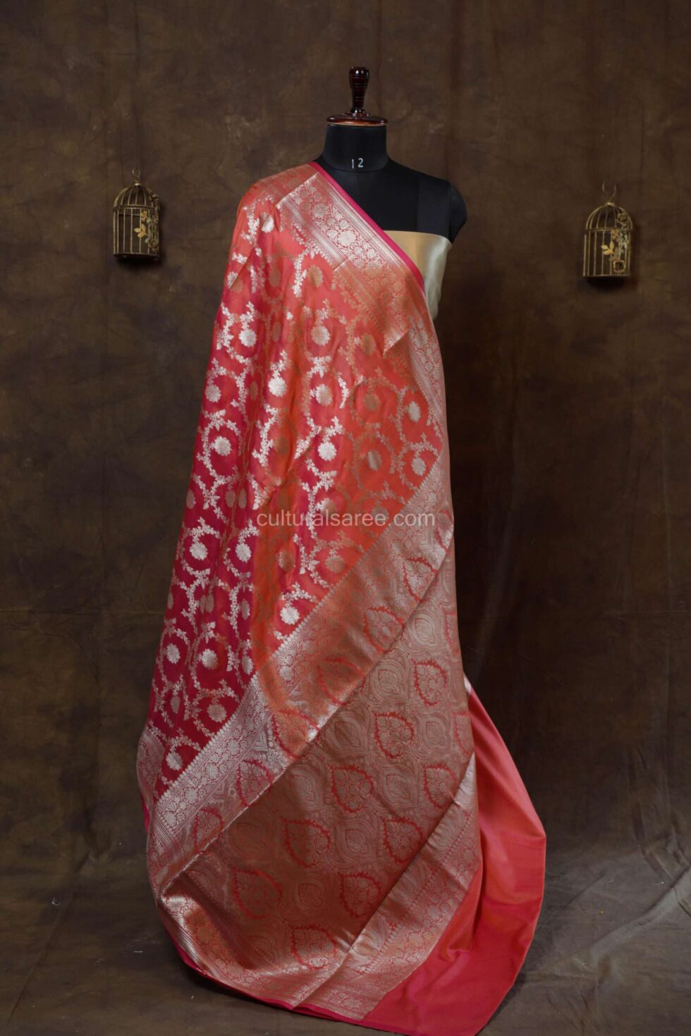 Flamingo Pink Banarasi silk paudi saree with Jangla jaal motifs