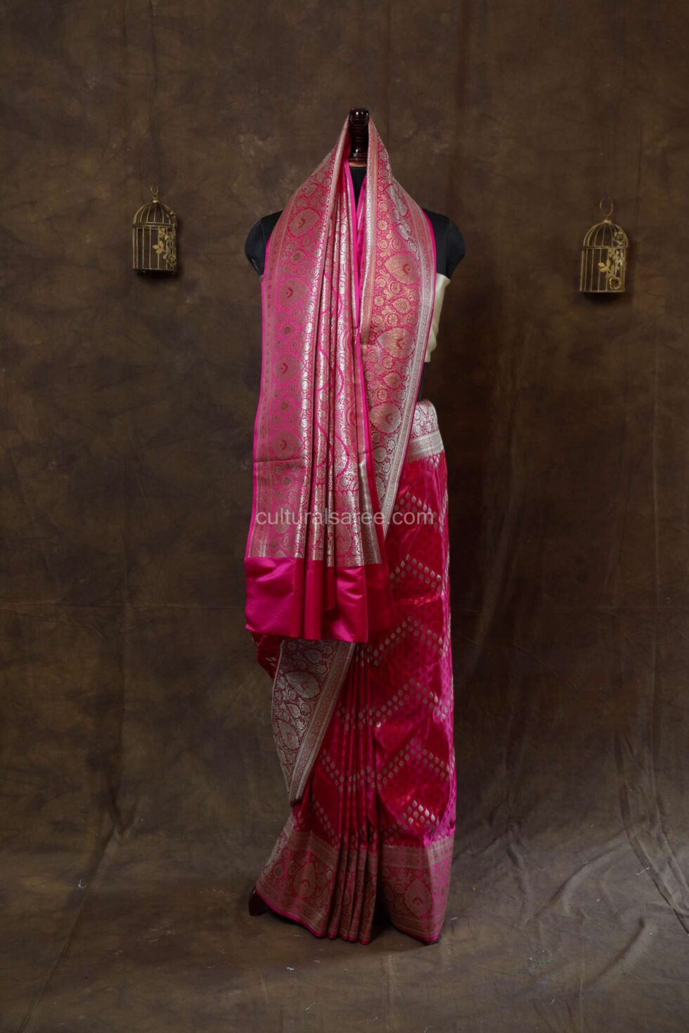 Rani color banarasi rang kart silk saree with silver zari work border