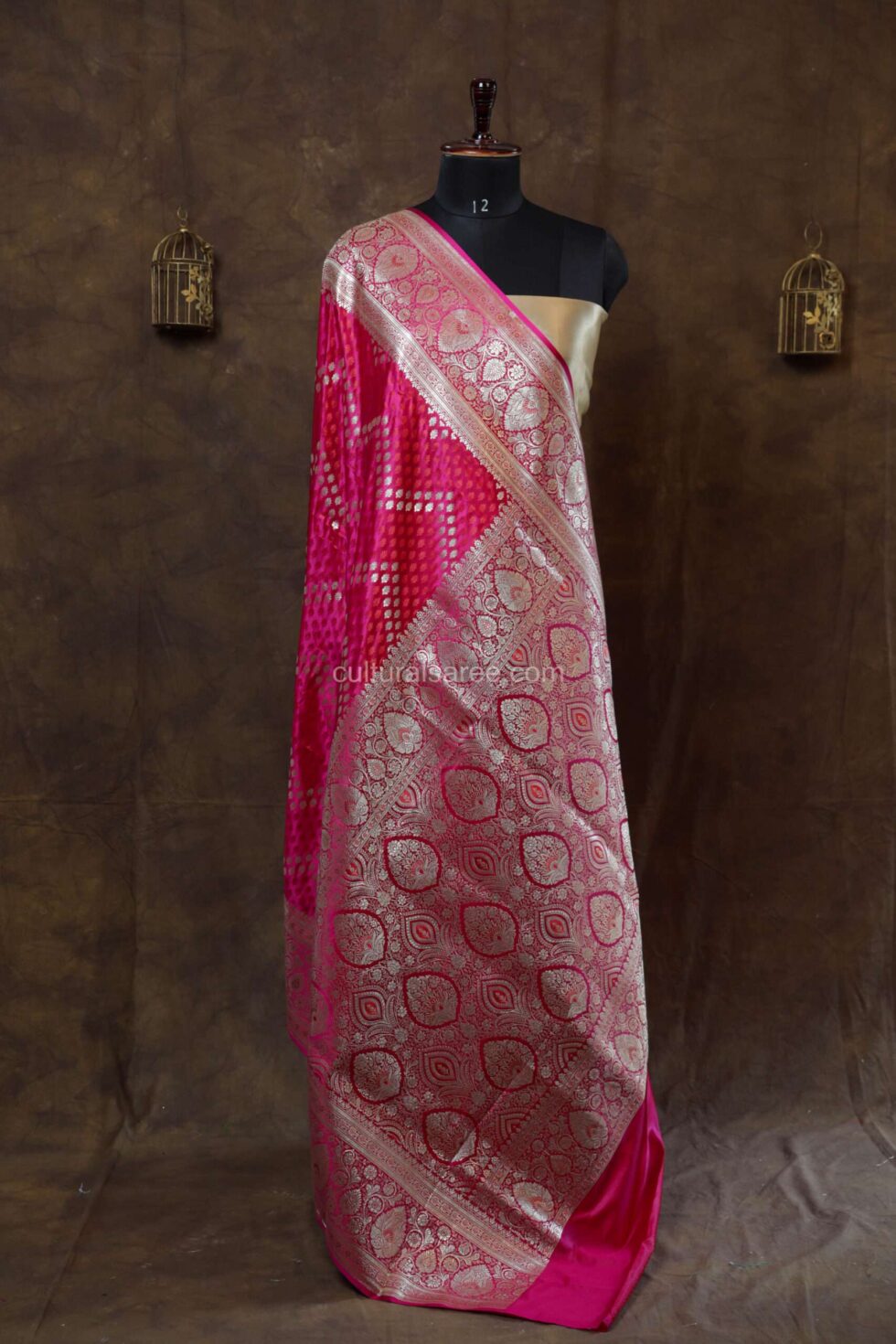 Rani color banarasi rang kart silk saree with silver zari work border and pallu