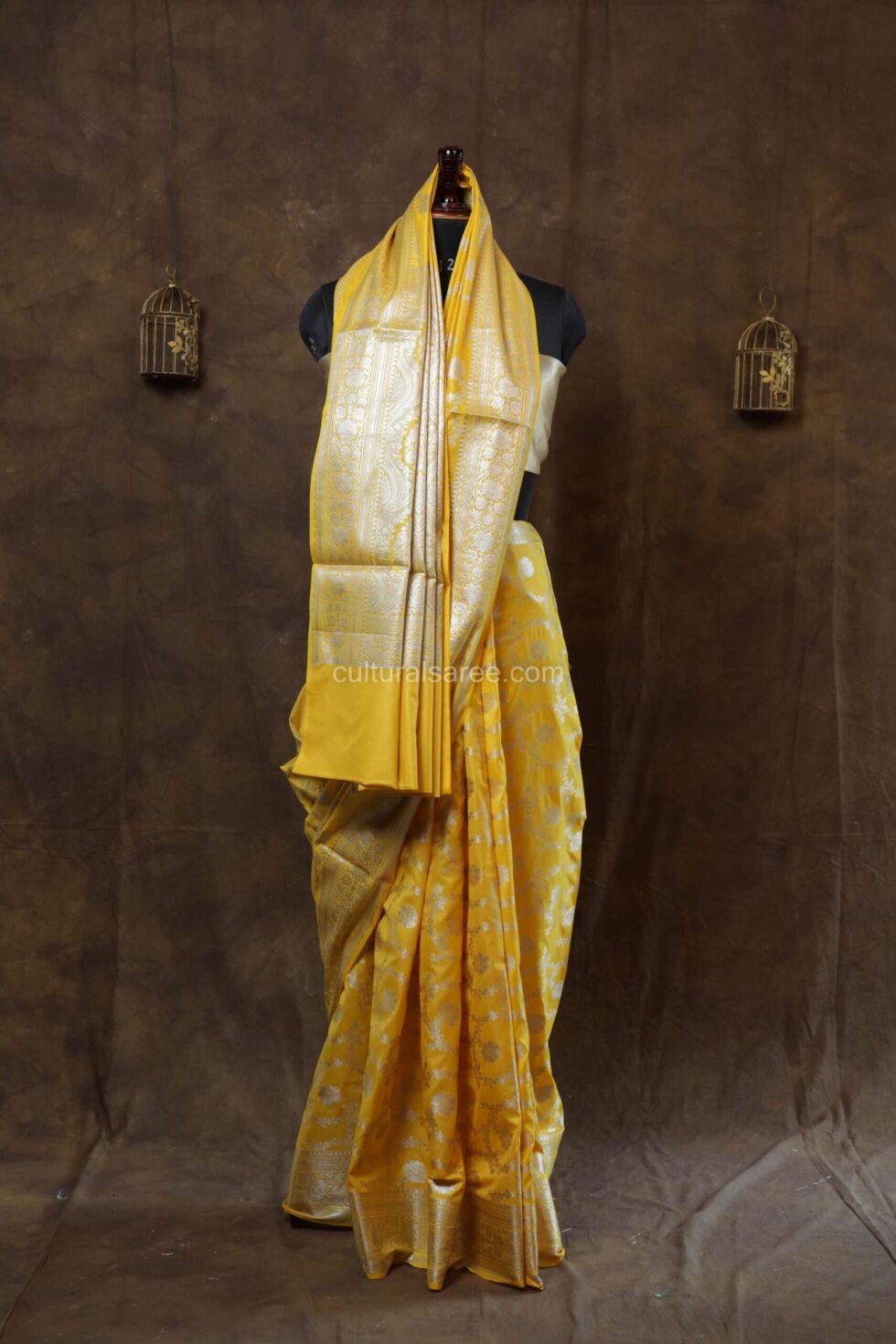 Royal Yellow banarasi jaal silk paudi saree