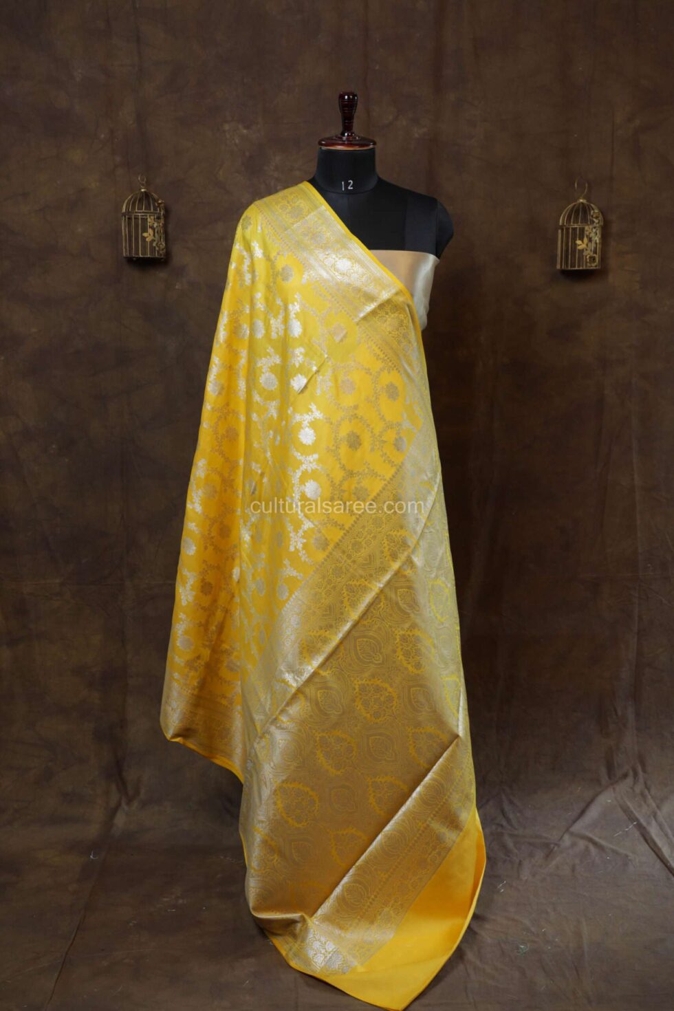Royal Yellow banarasi silk paudi saree with jangla jal motifs