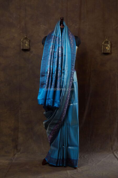 Marine Blue Tanchoi Pure Silk Banarasi Saree