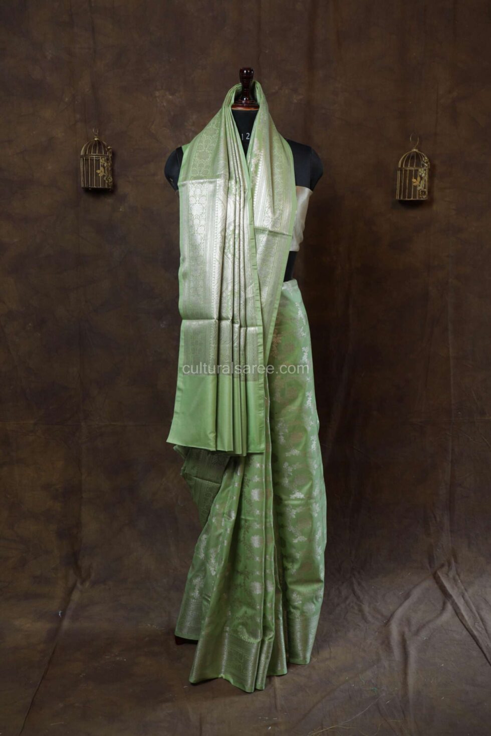Pastel green banarasi silk paudi saree