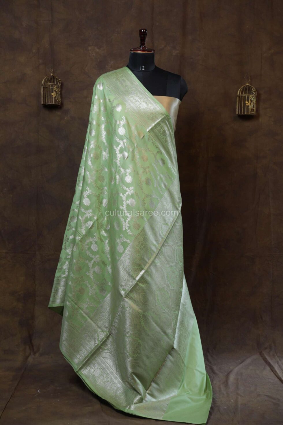 Pastel green banarasi silk paudi jaal saree with jangal jal motifs