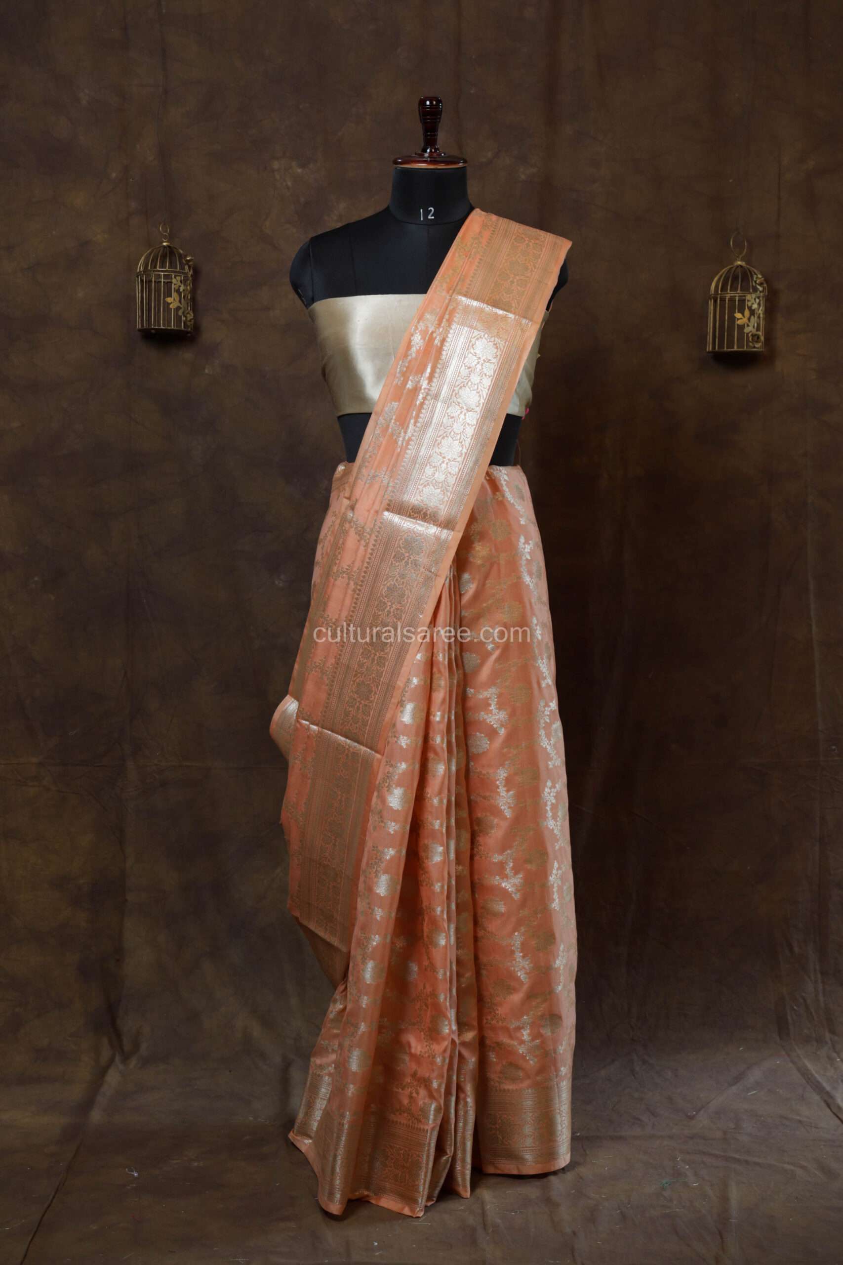 Pastel Peach banarasi silk Paudi saree