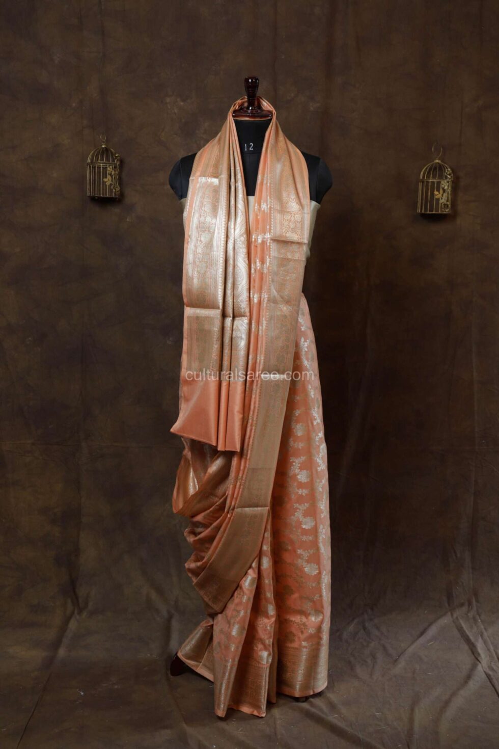 Pastel Peach banarasi Jal silk Paudi saree