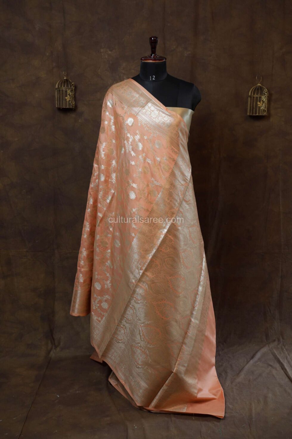 Pastel Peach banarasi silk Paudi saree with Jangala jal motifs