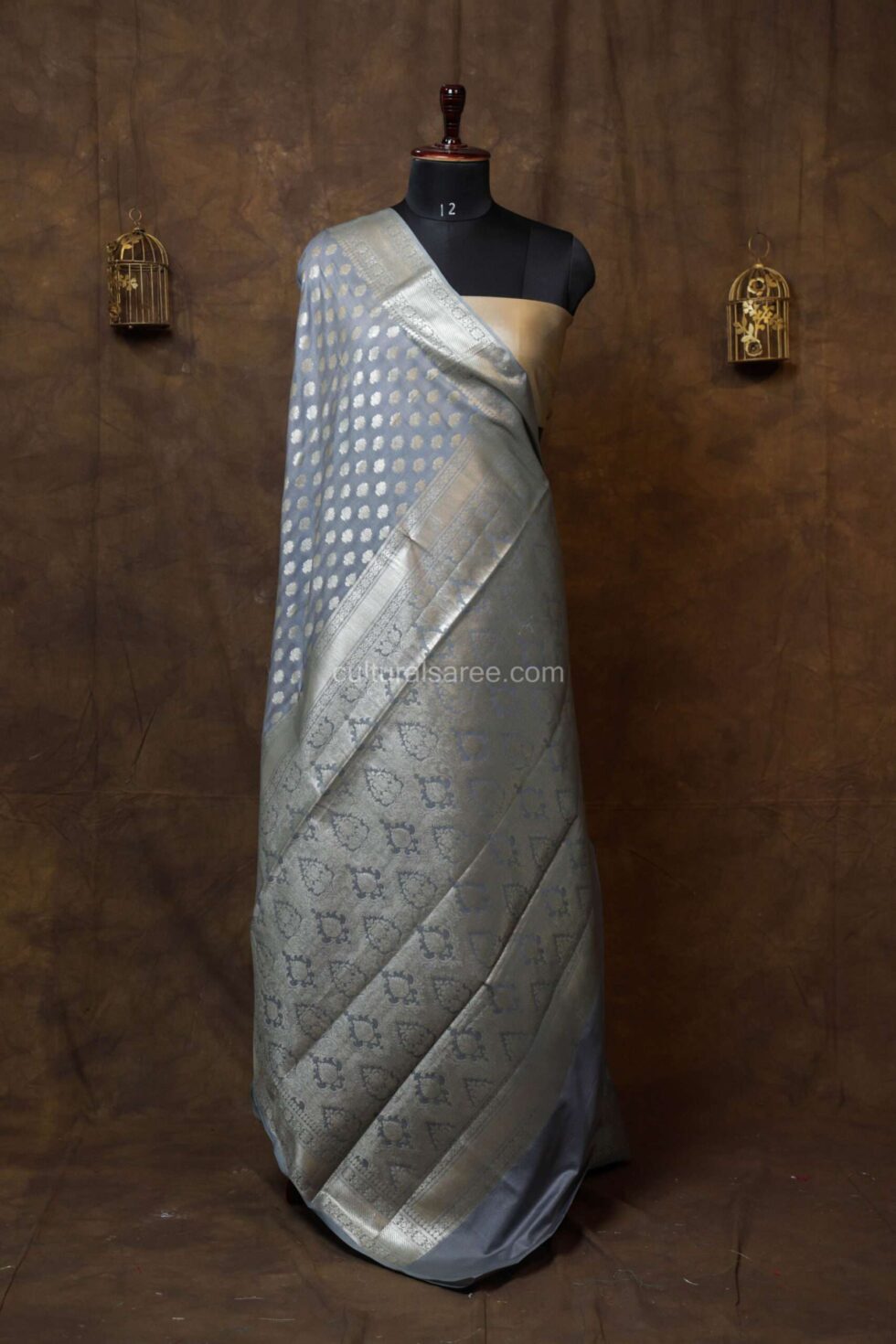 Pastel Blue banarasi silk Paudi saree with silver buta motifs