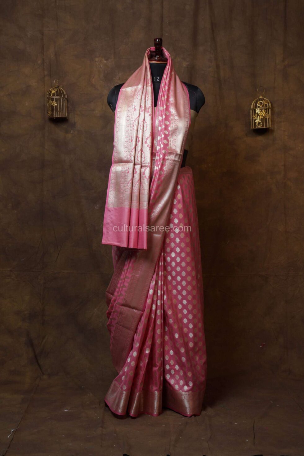 Light Pink banarasi Silk paudi buti saree with silver border