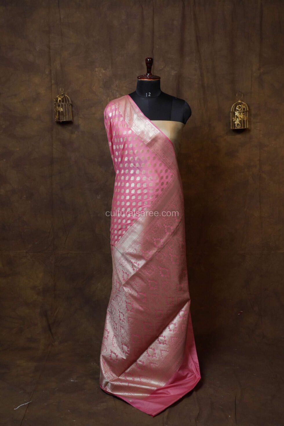 Light Pink banarasi Silk paudi buti saree with silver achhal buti motifs