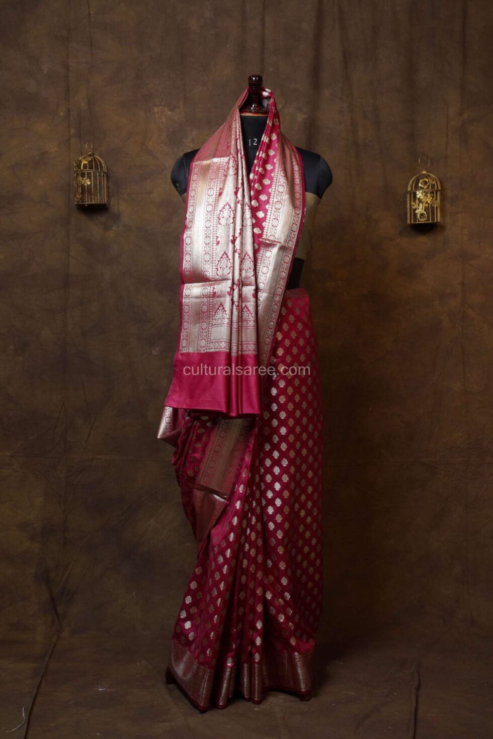 Dark pink banarasi silk paudi Saree with silver floral motifs border