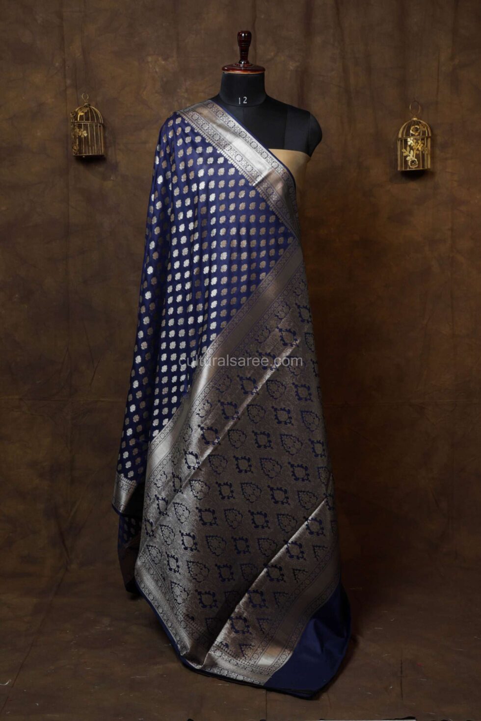 Navy Blue banarasi Silk paudi saree with Silver border