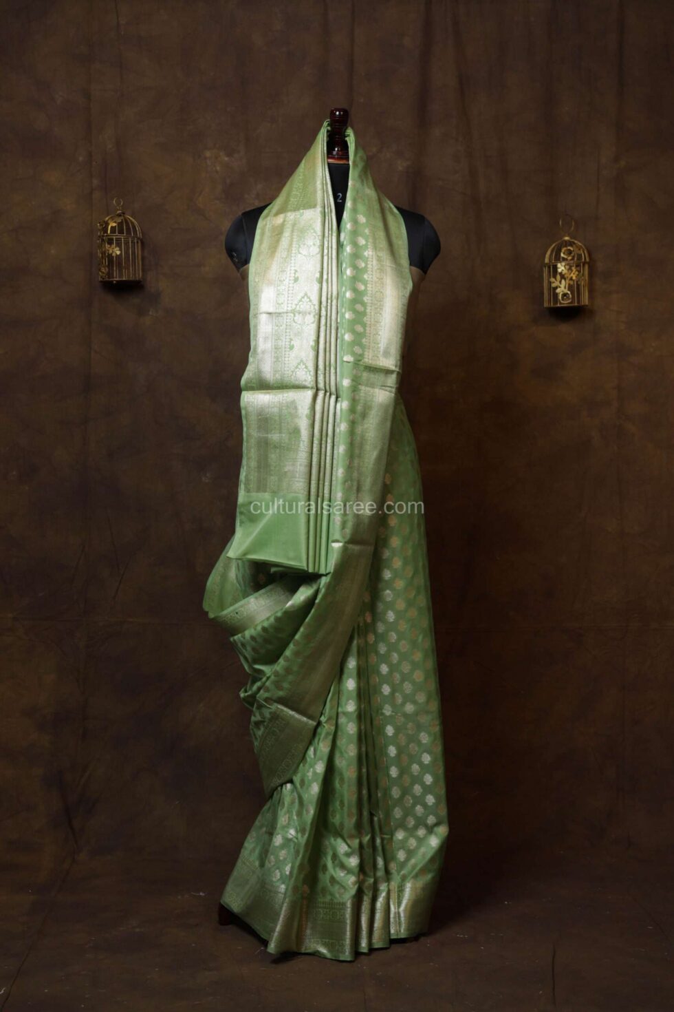 Pastel Green Banarasi Silk paudi Saree with Silver border