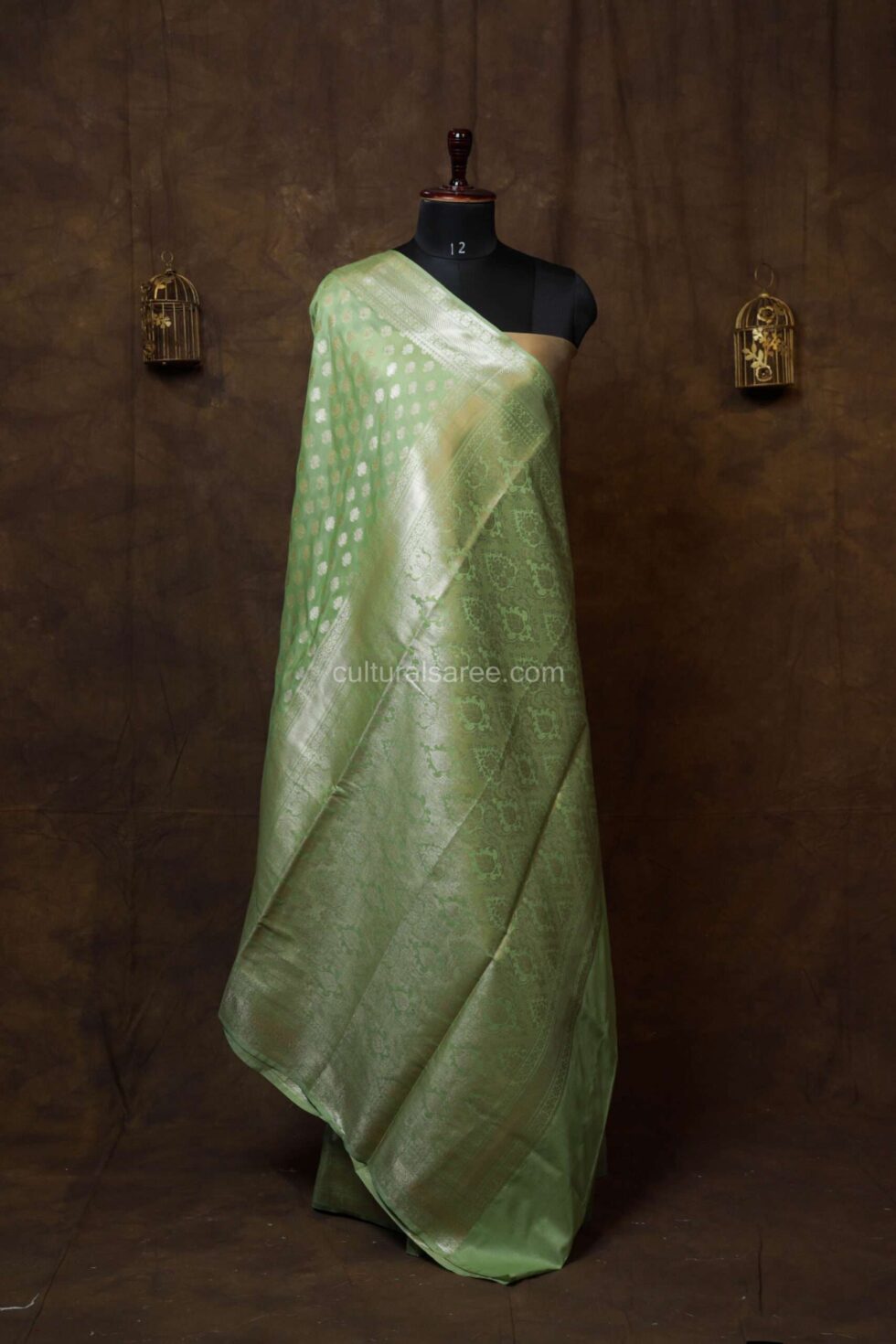 Pastel Green Banarasi Silk paudi Saree with Buti motifs