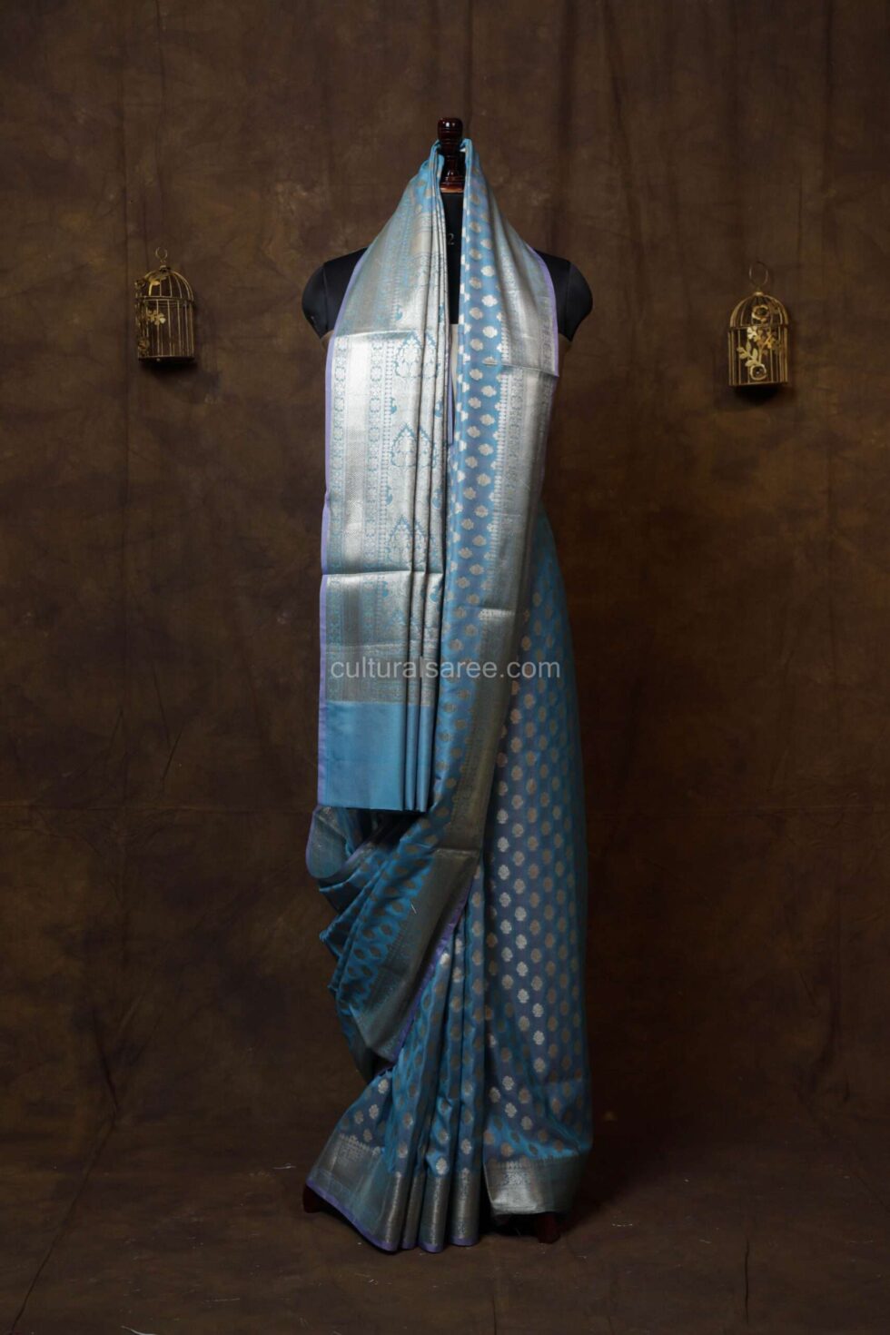 Pastel Sky Blue Banarasi Silk paudi Saree with Silver border