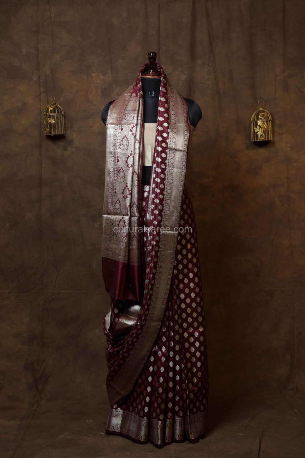 Royal Maroon Banarasi silk Paudi Saree with Floral Silver border