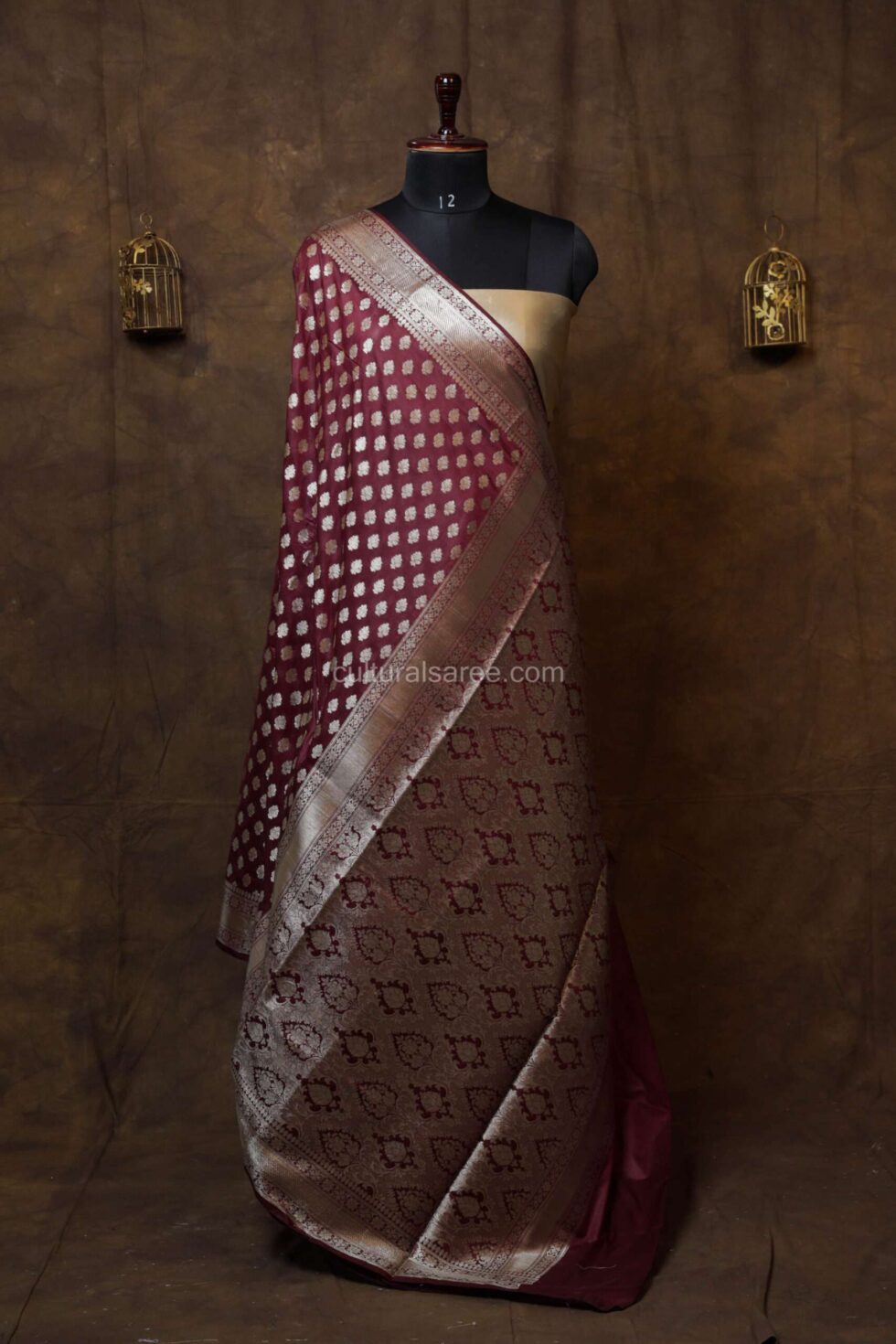 Royal Maroon Banarasi silk Paudi Saree with Floral Silver Pallu