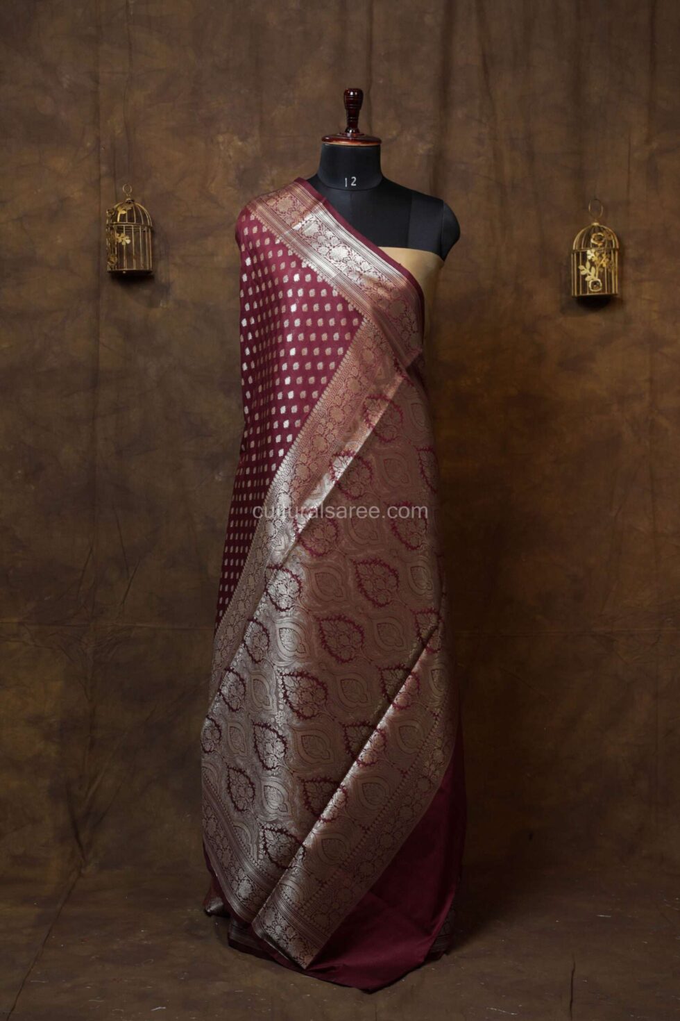 Maroon Banarasi Silk Paudi Saree with beautiful floral Pallu