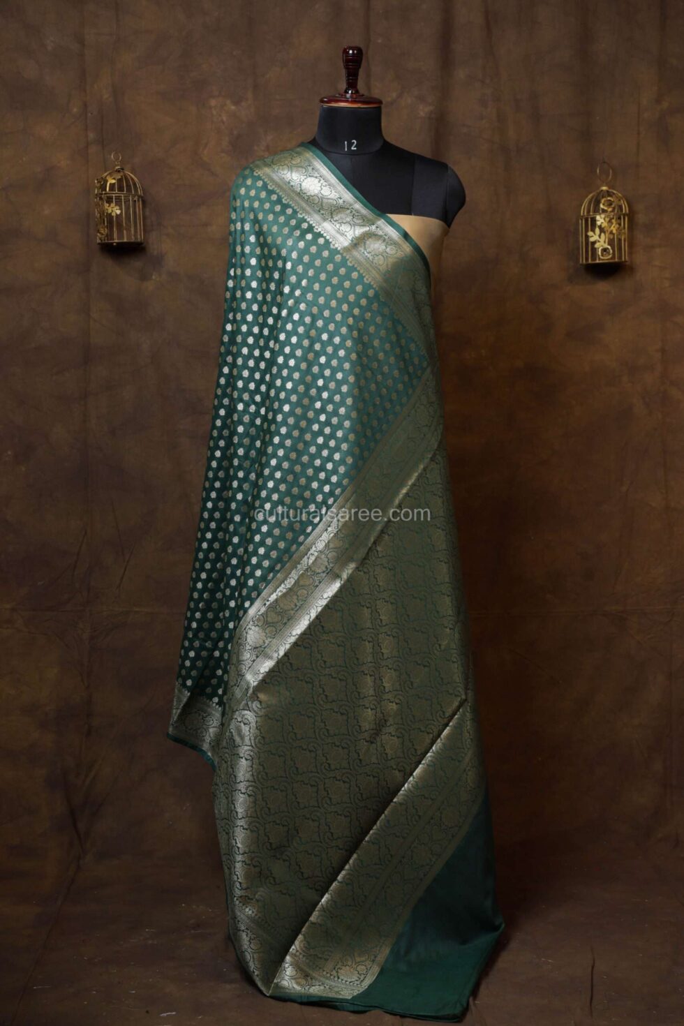 Pine Green Banarasi Silk Paudi Saree with floral Pallu