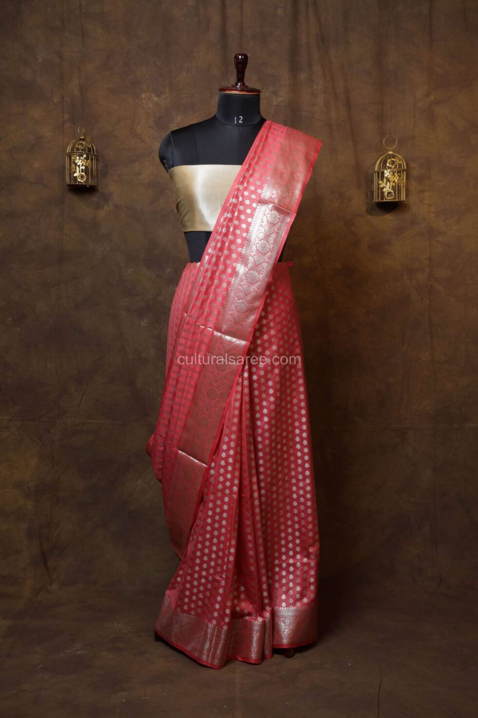 Coral pink Banarasi paudi Silk