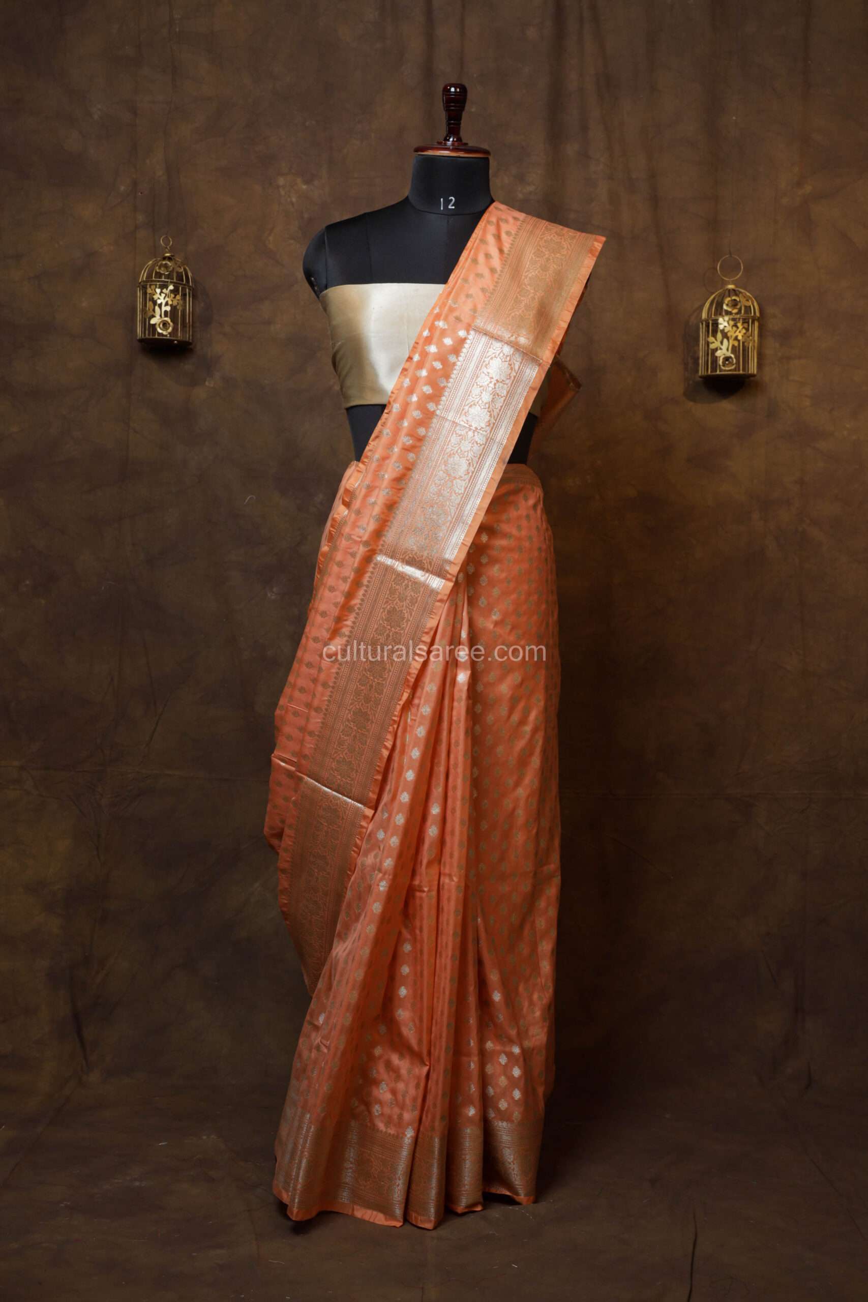 Sunset peach banarasi silk paudi saree