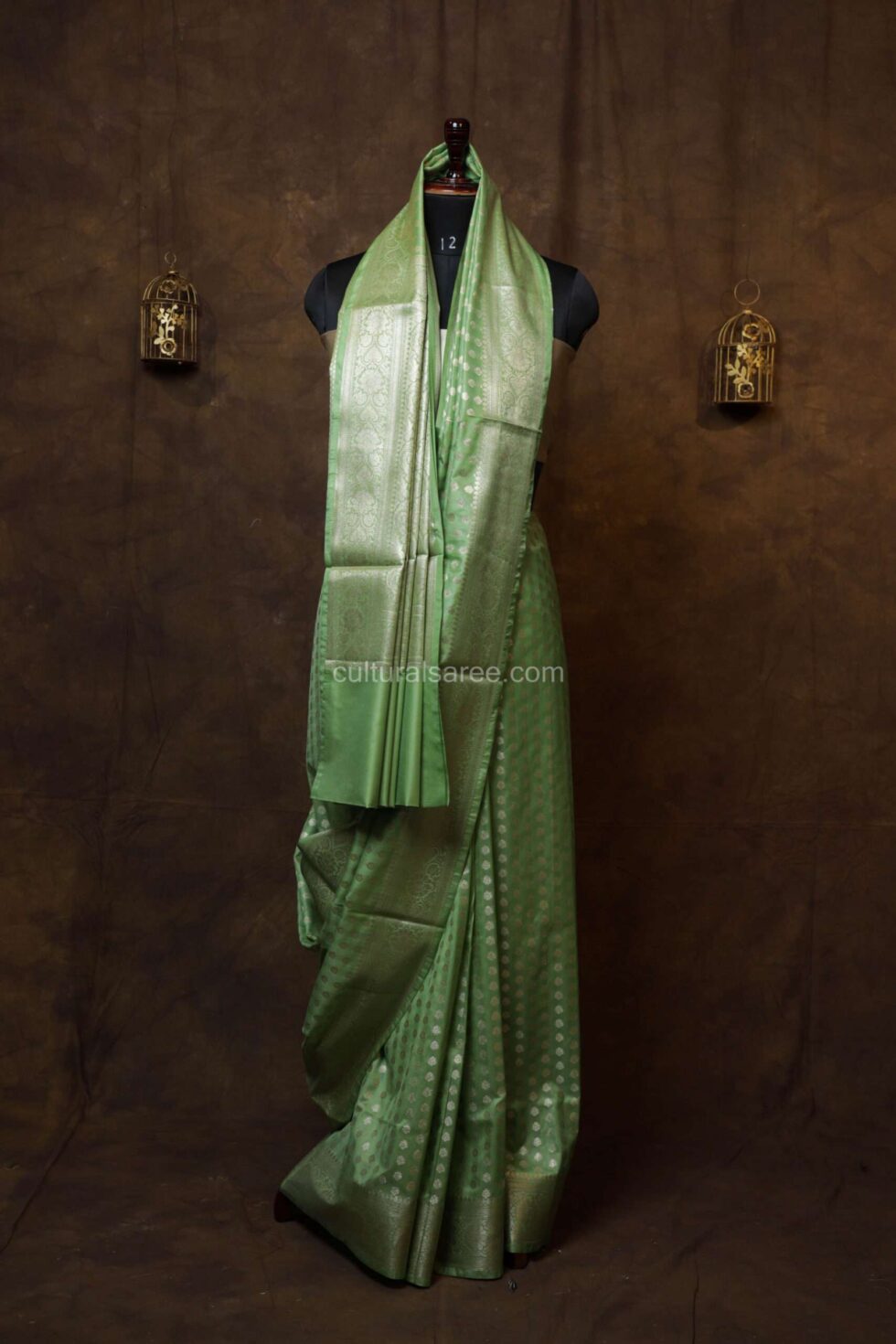 Pistachio Glow banarasi silk paudi saree with silver floral border