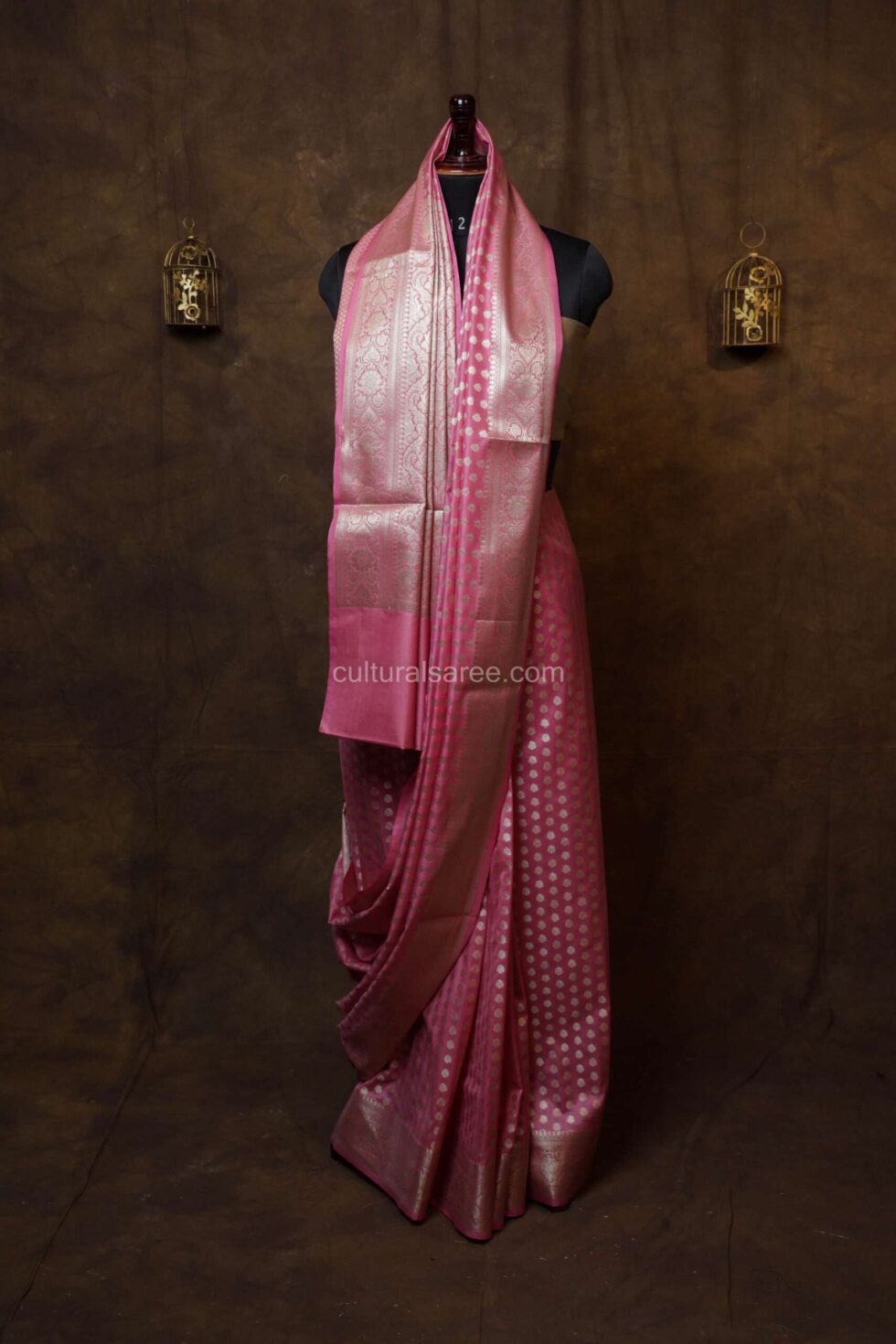 Blush pink banarasi silk paudi saree with beautiful floral border