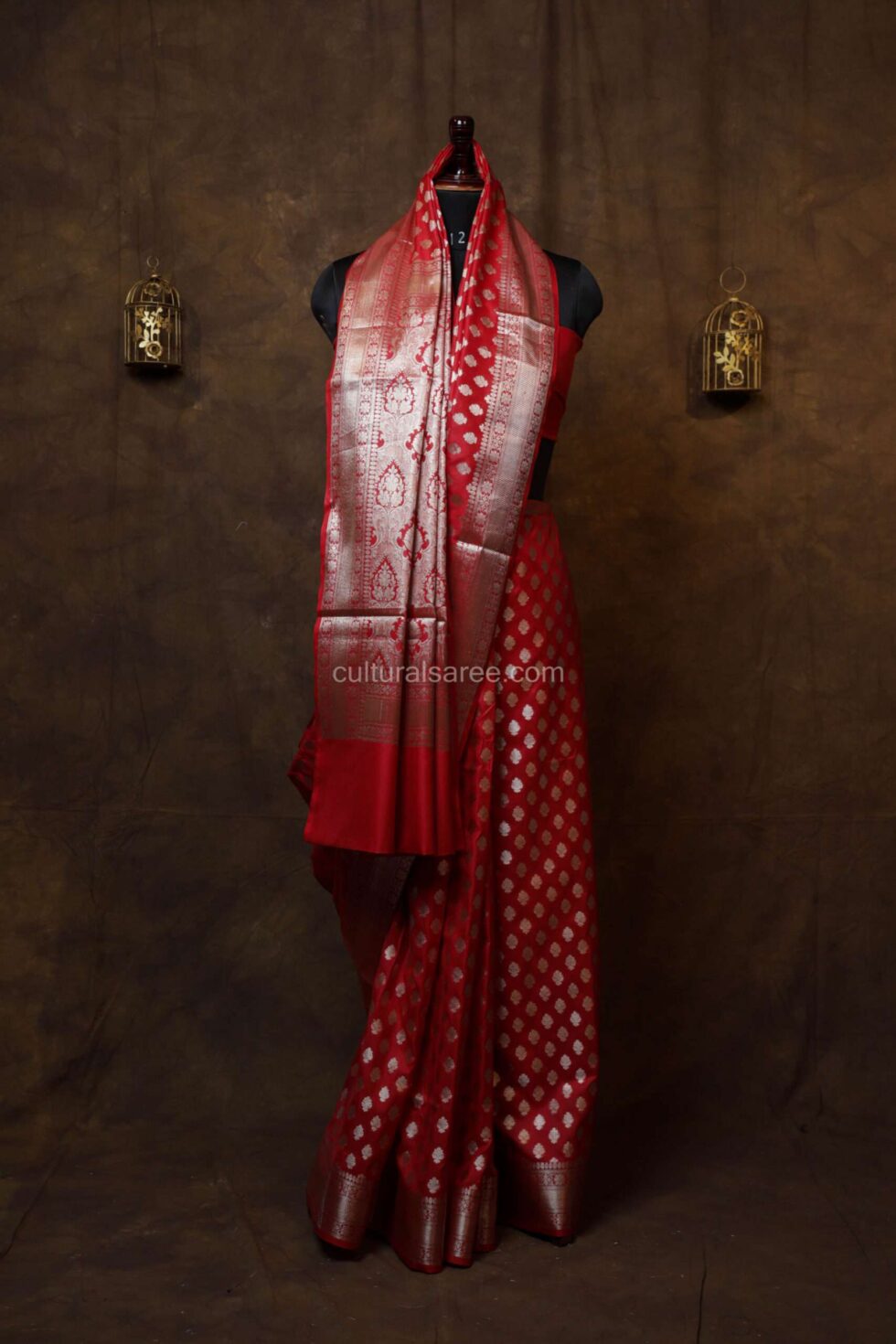 Ruby red banarasi silk saree with floral border