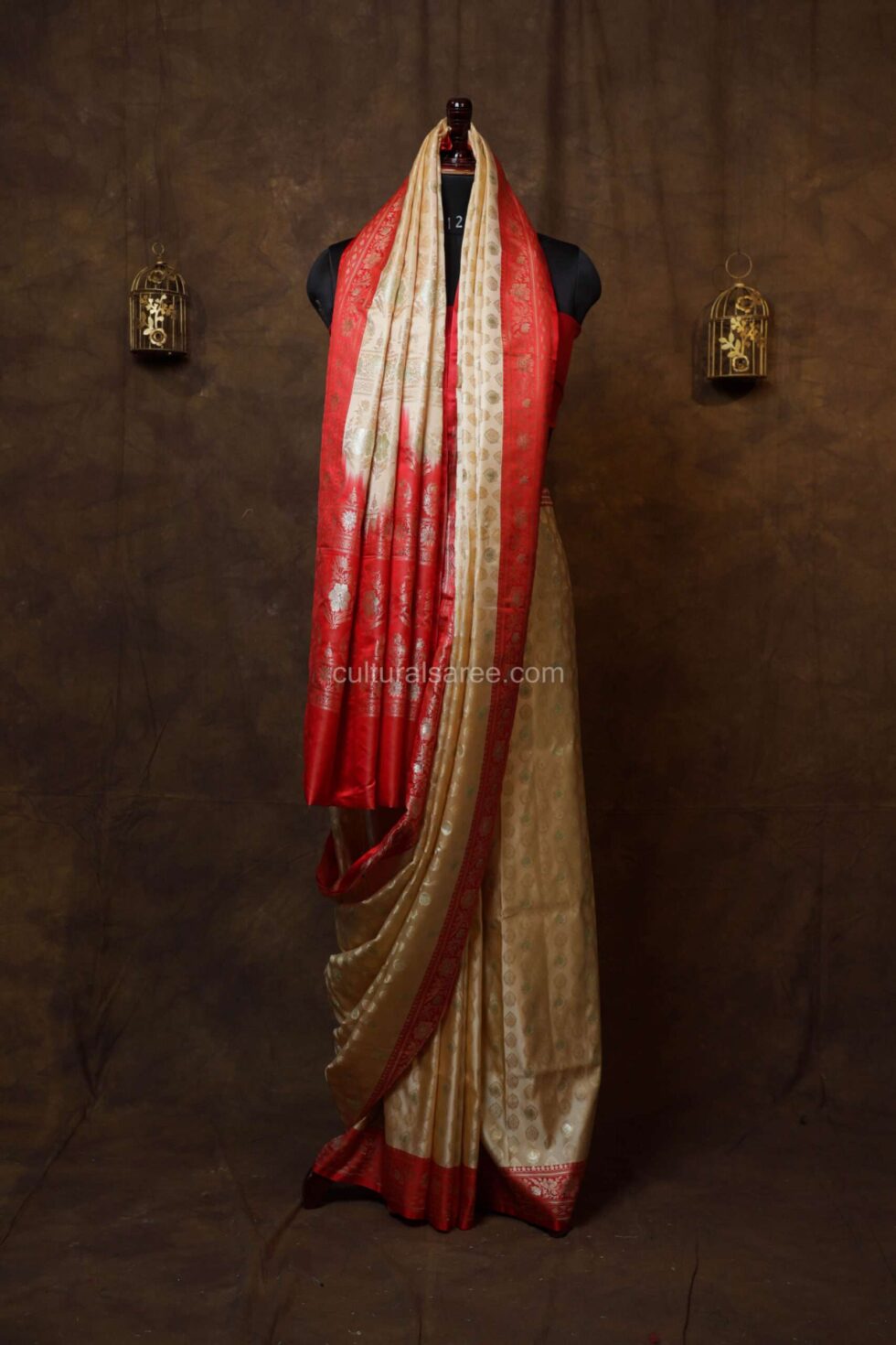 beige color banarasi silk saree with red border