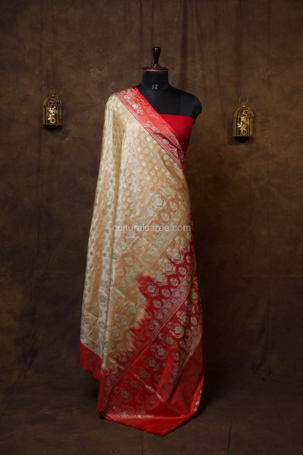 beige color banarasi silk saree with rbeautifull red border