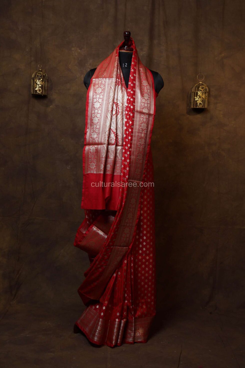 Royal red banarasi silk paudi saree with beautifull floral border