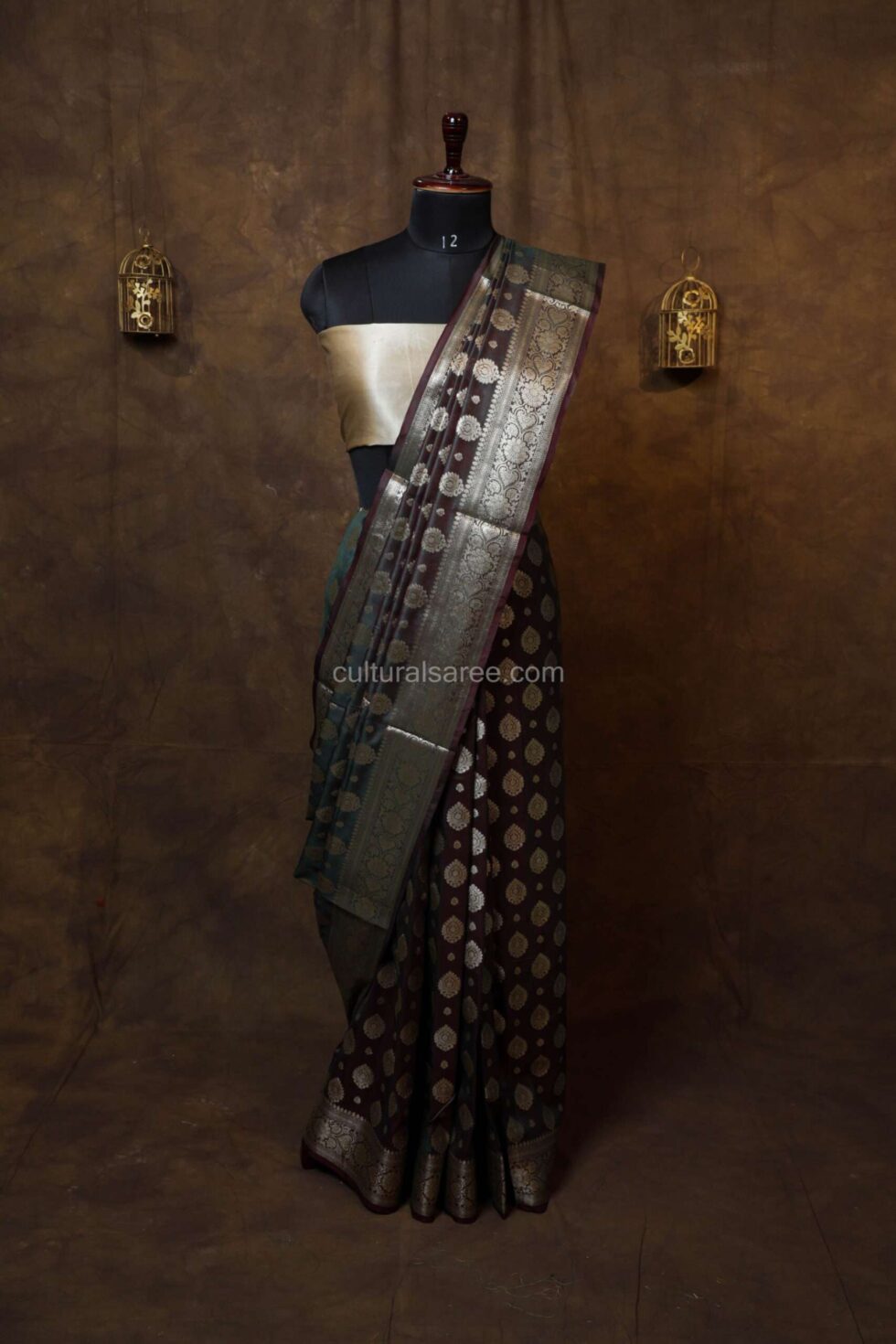 Dark brown banarasi silk paudi saree