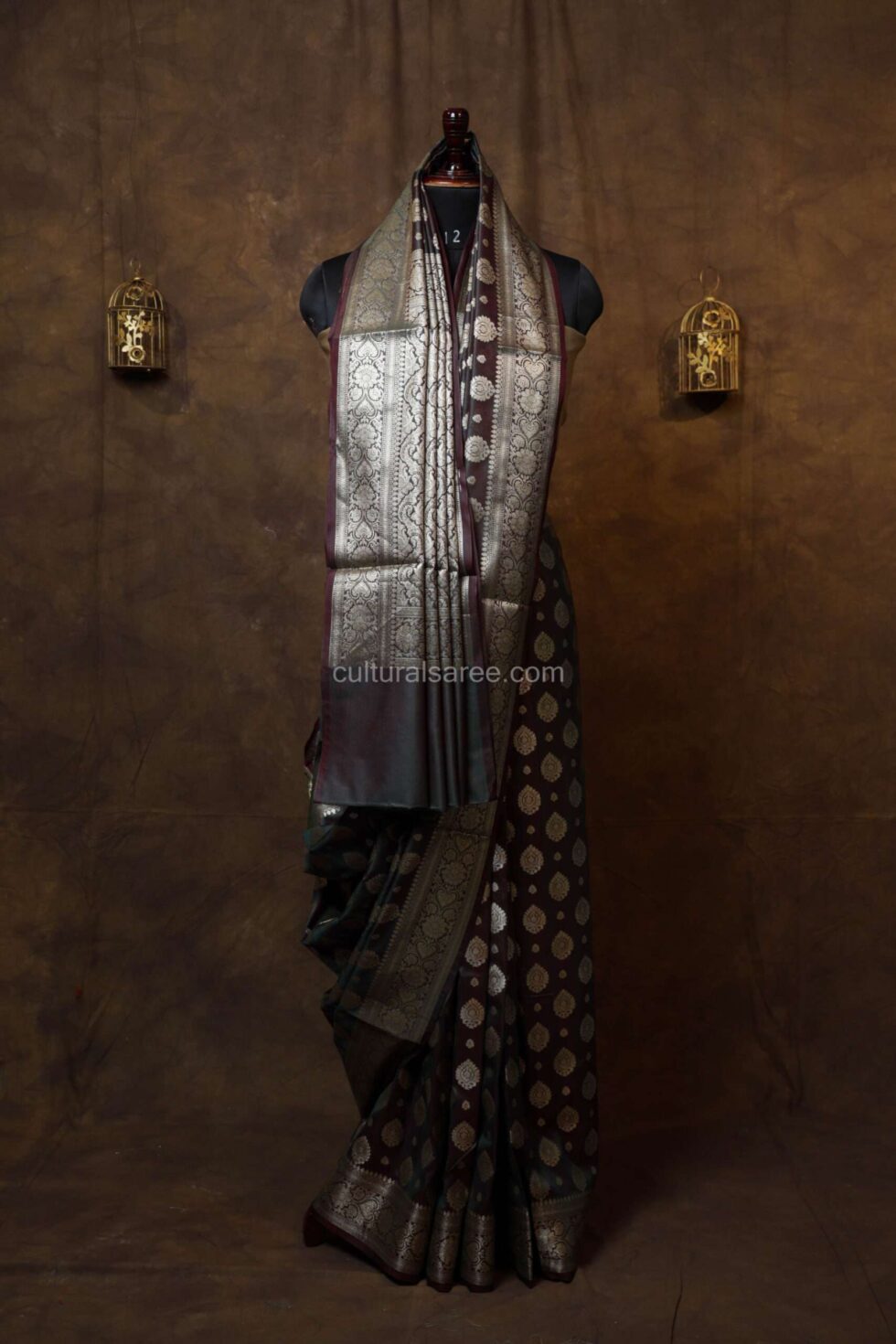 Dark brown banarasi silk paudi saree with silver floral border