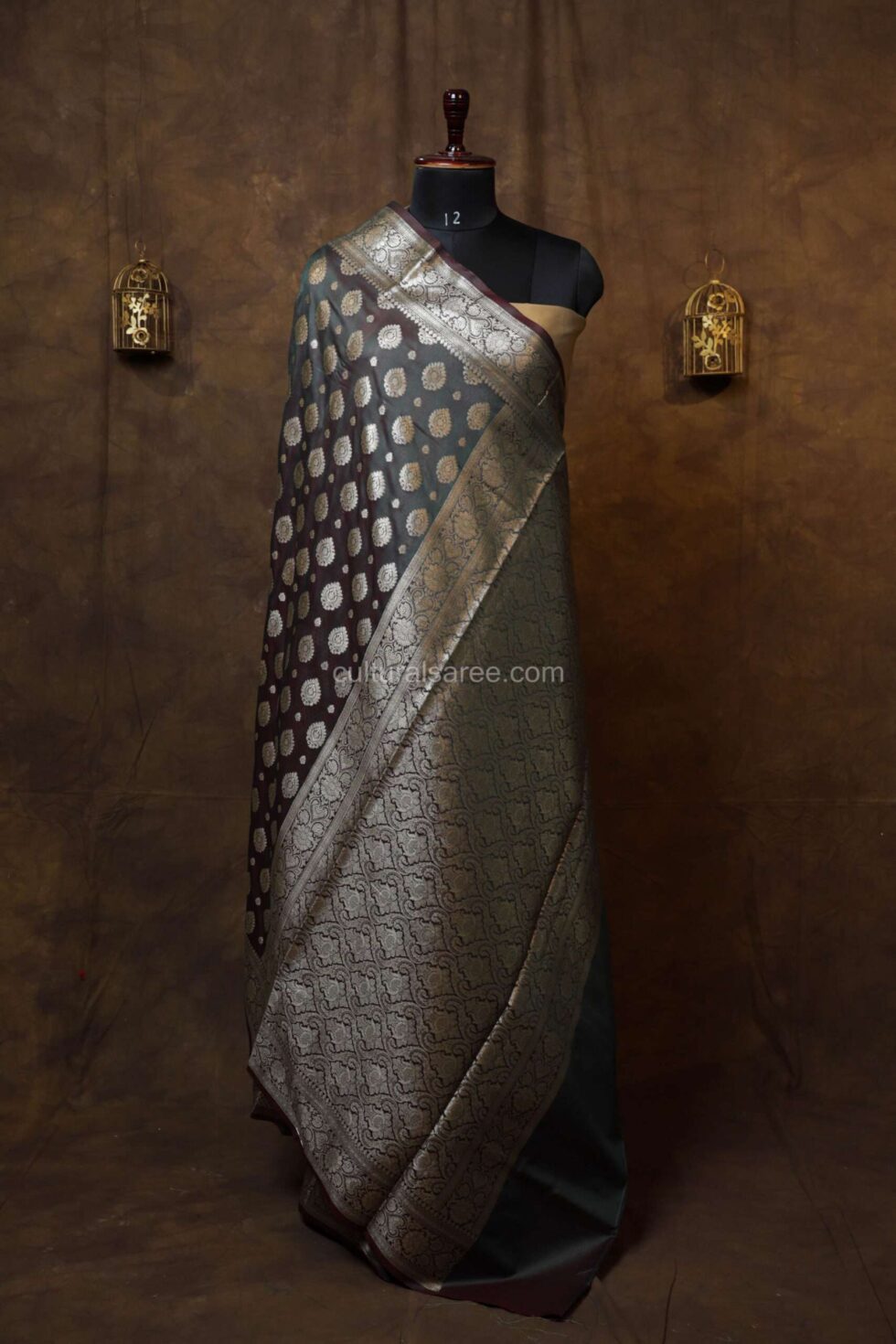 Dark brown banarasi silk paudi saree with silver floral achal