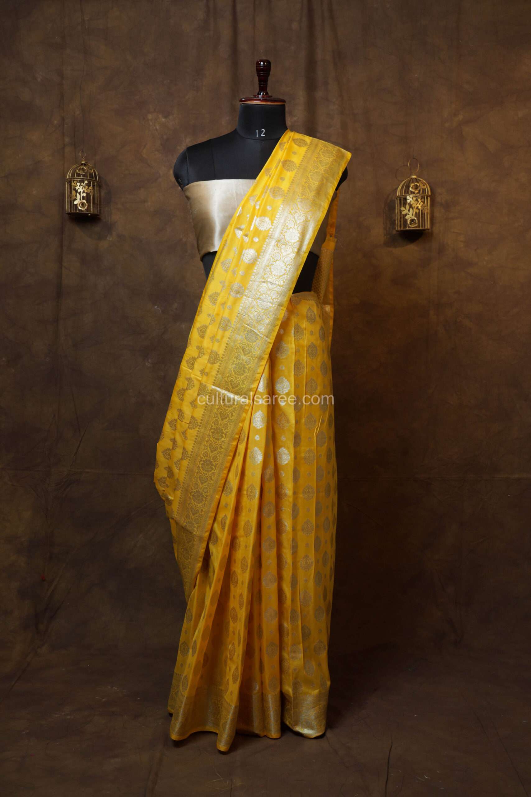Yellow banarsi silk paudi saree