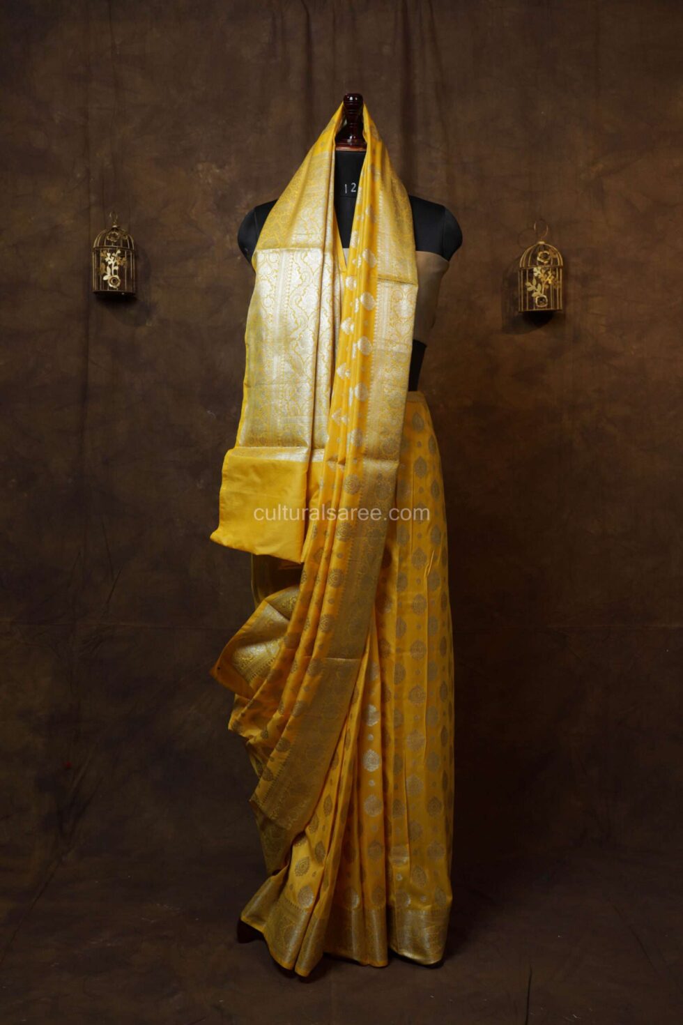 Yellow banarasi silk paudi saree with buta motifs