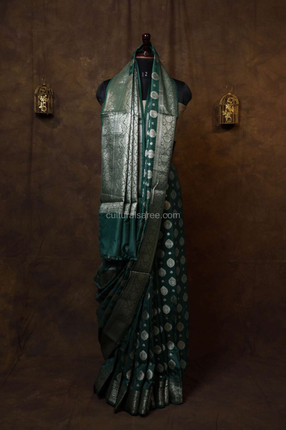 Royal green banarasi Silk paudi saree with silver border