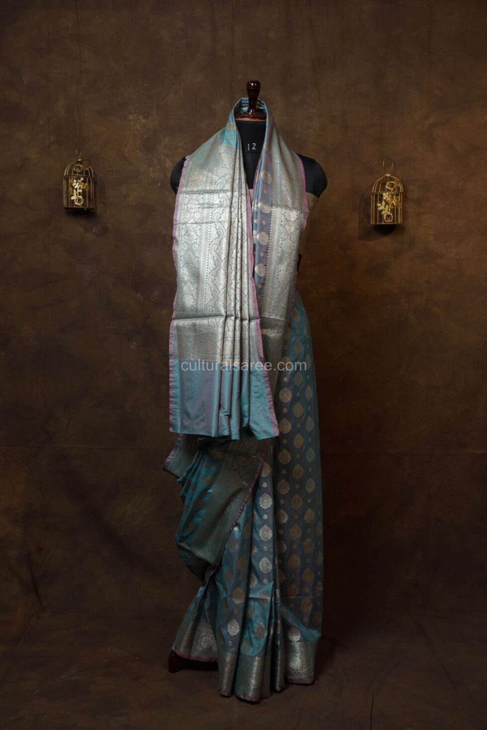 Baby blue banarasi silk paudi saree with silver border