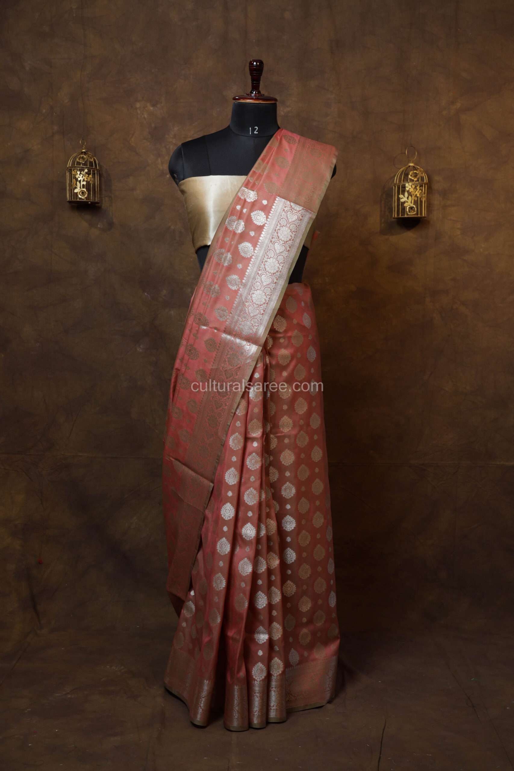Salmon pink banarasi silk paudi saree