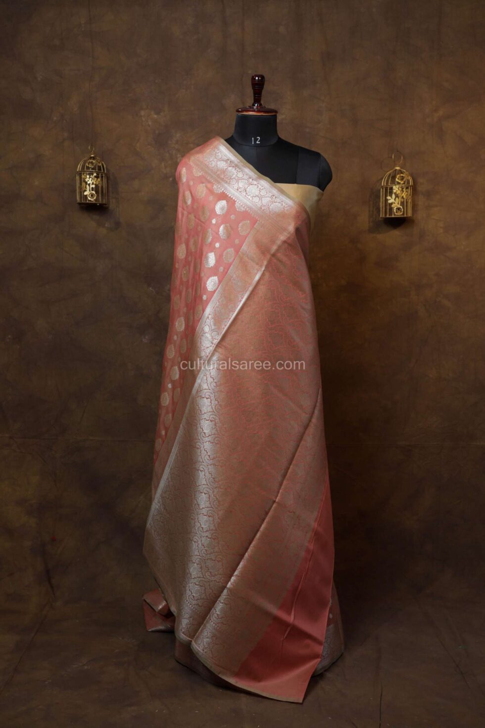 Salmon pink banarasi silk paudi saree with silver floral achal