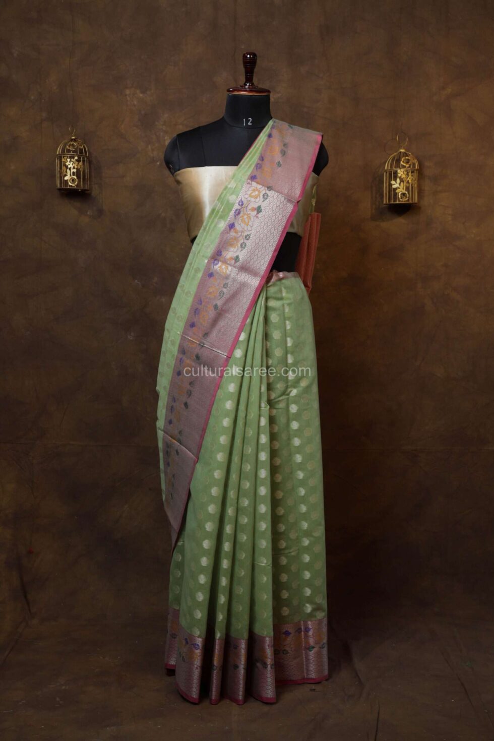Sea green Banarasi cotton saree