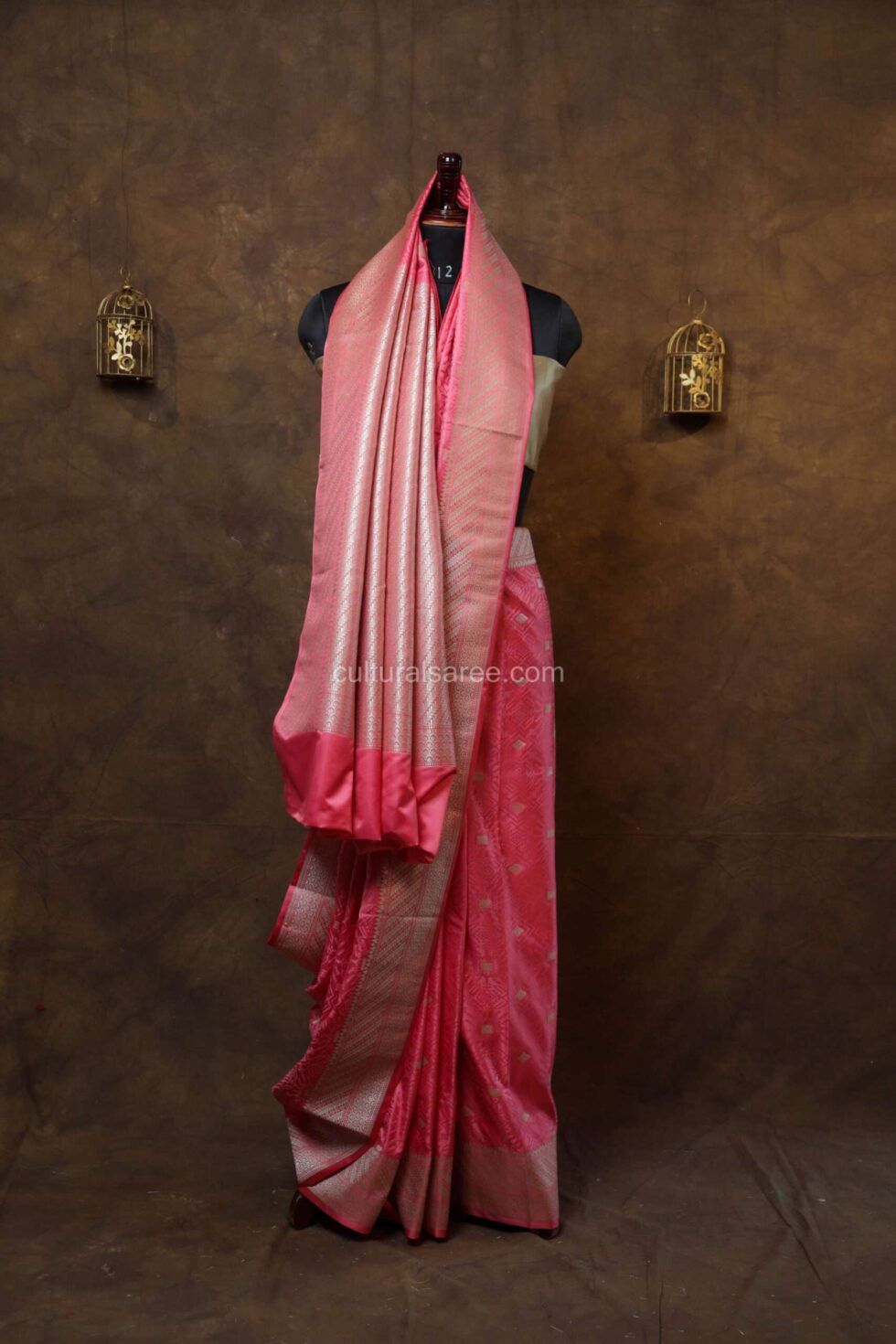 Salmon Pink Zariwork Banarasi Silk Saree with beautiful silver border