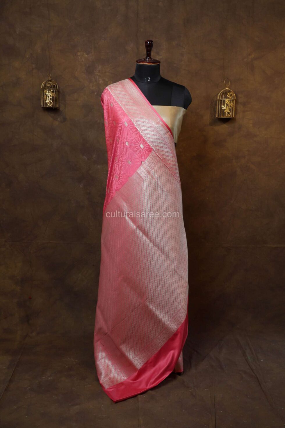 Salmon Pink Zariwork Banarasi Silk Saree with beautiful silver border and achal