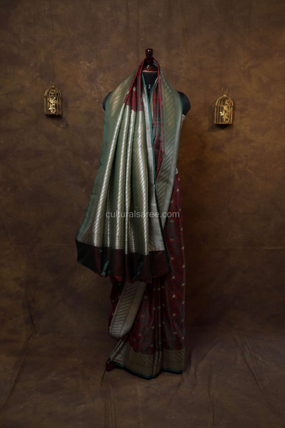 Maroon Zariwork Banarasi Silk Saree with beautiful green border