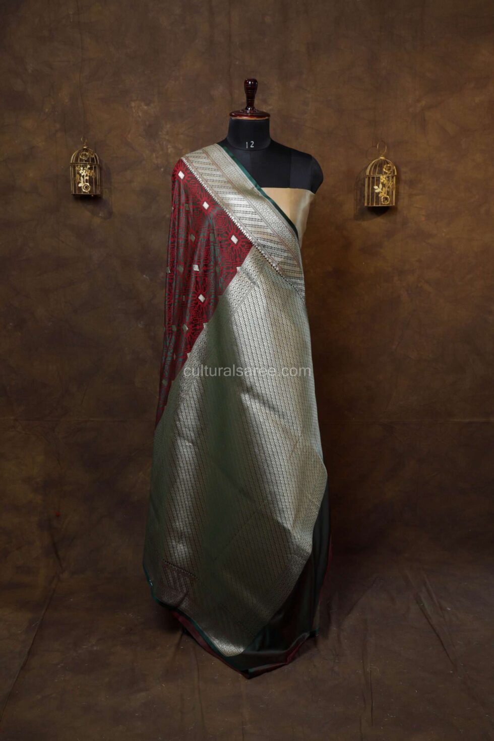 Maroon Zariwork Banarasi Silk Saree with beautiful green border and achal