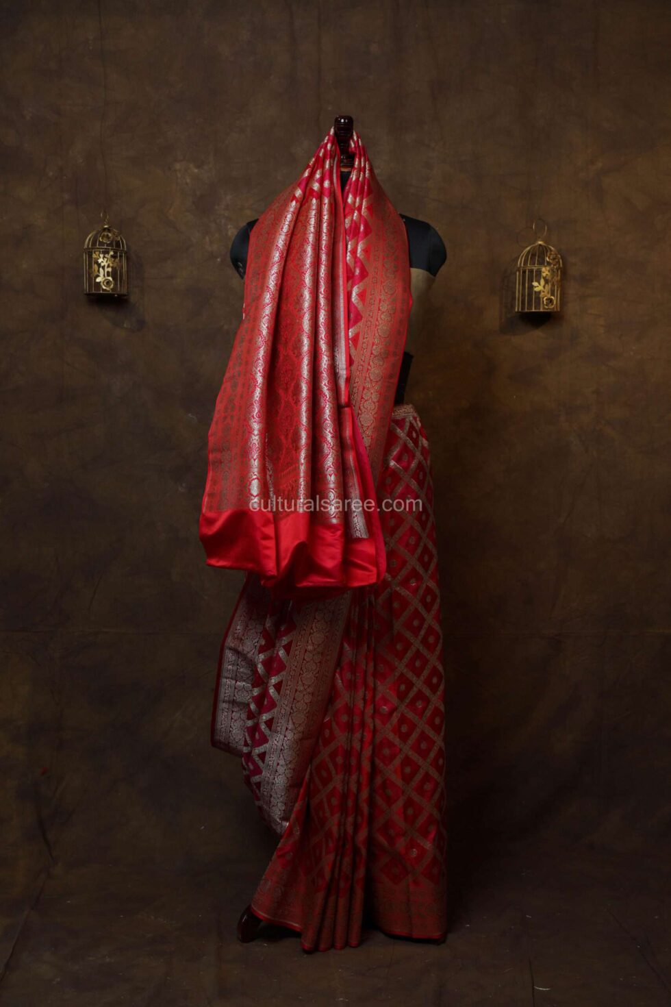 Majestic Red Banarasi Rang Kart Silk Saree with floral silver border