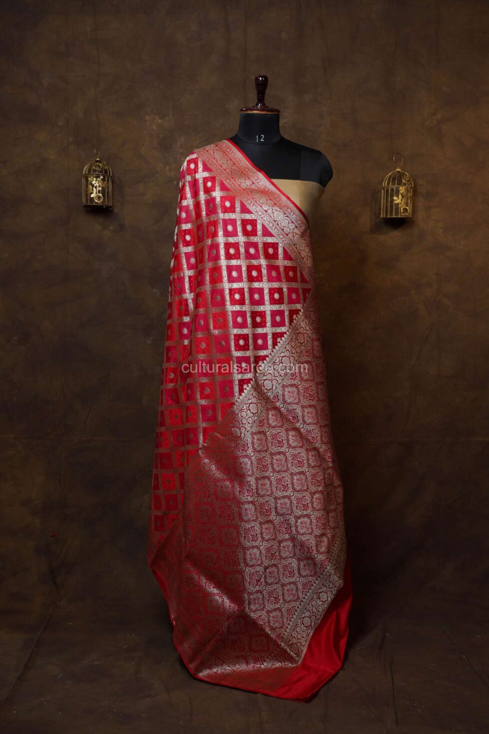 Majestic Red Banarasi Rang Kart Silk Saree with floral silver border and achal
