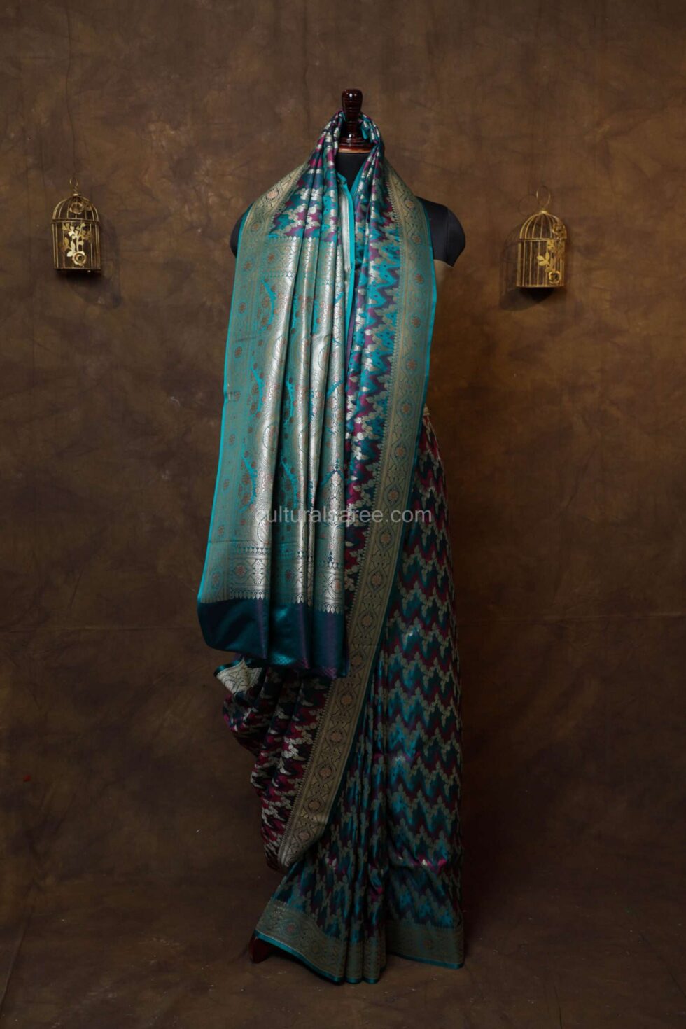 Majestic Peacock Blue banarasi eang kart silk saree with silver zari border